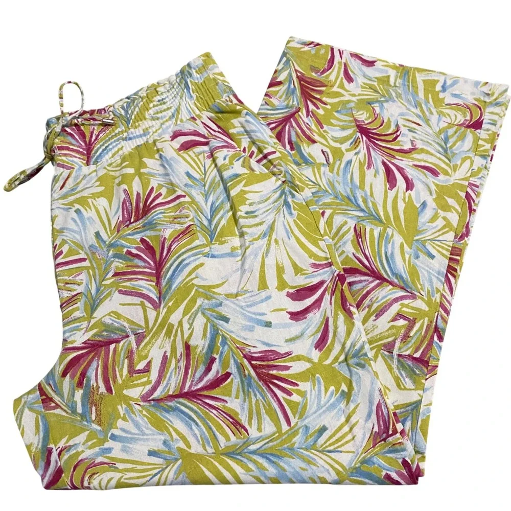 Land 'n Sea Womens XL Tropical Palm Print Linen Blend Wide Leg Pants‎ 312S5625HA